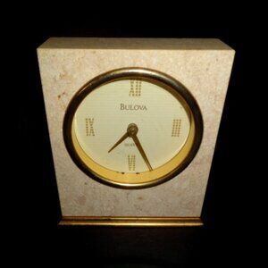 Vintage Bulova Quartz Desk Clock In solid Granite Case, Runs well